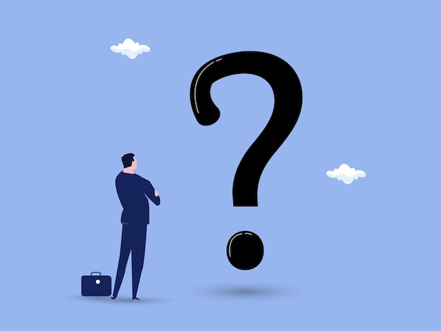 Gran signo de interrogación o gran problema para resolver o encontrar una solución duda o incertidumbre pensando para tomar una decisión concepto de pregunta difícil pensamiento de hombre de negocios mientras mira un gran signo de interrogación