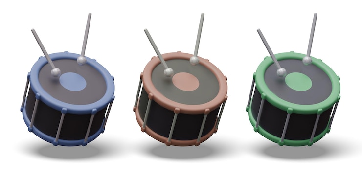 Vector un gran tambor realista con palos e instrumentos musicales de percusión