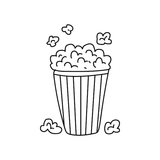 Gran taza a rayas con palomitas de maíz Comida en el cine Ilustración vectorial dibujada a mano Contorno