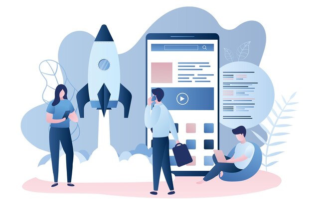 Gran teléfono inteligente moderno con nuevas personas de negocios de aplicaciones y programador Puesta en marcha del equipo de desarrollo