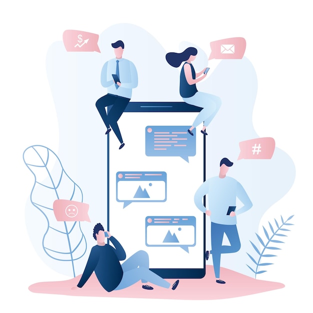 Gran teléfono móvil y diferentes personas con personajes de teléfonos inteligentes con aparatos para la comunicación