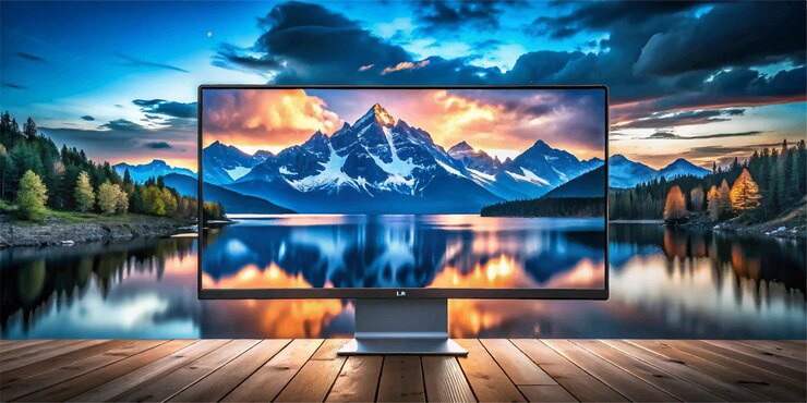Vector un gran televisor de pantalla plana con un paisaje de montaña en el fondo