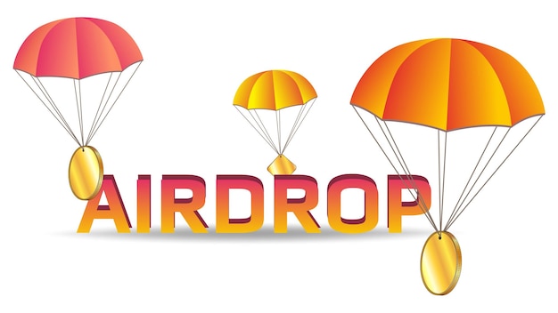 Gran texto naranja airdrop y paracaídas con monedas de oro en blanco copiar espacio para el logotipo de token aislado sobre fondo blanco distribución del concepto de monedas gratis