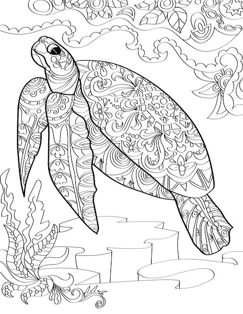 Vector gran tortuga marina debajo del océano nadando hacia arriba dibujo de línea incolora enorme tortuga acuática