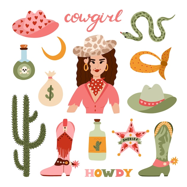 Gran vaquera ambientada en un moderno estilo plano Ilustración vectorial simple dibujada a mano con botas occidentales sombrero serpiente cactus toro cráneo sheriff insignia estrella Tema vaquero con símbolos de Texas y el Salvaje Oeste