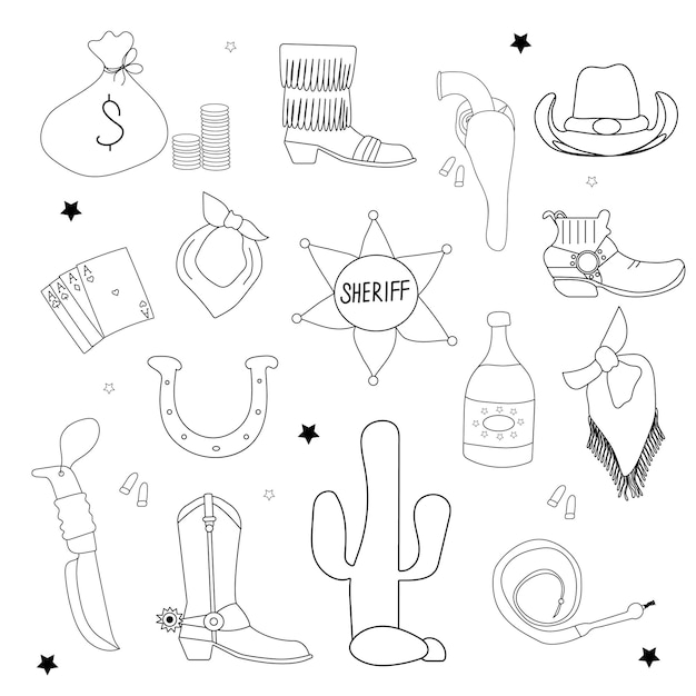 Gran vaquero del Salvaje Oeste ambientado en estilo doodle Ilustración vectorial de botas occidentales cactus champán