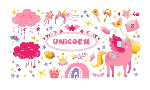Gran vector lindo unicornio plano colección de iconos de parche de cuento de hadas con divertidas nubes de arco iris de unicornio