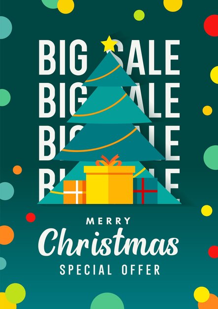 Gran venta de bandera de Navidad póster de oferta especial con árbol de Navidad y regalos lindos