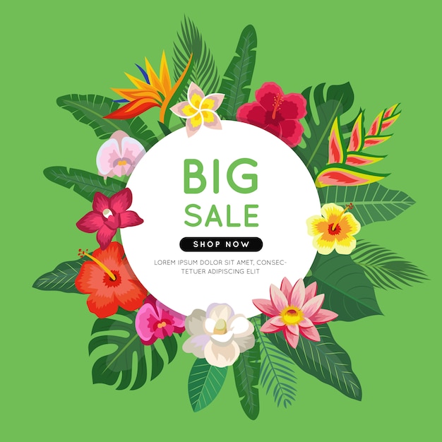 Vector gran venta colorida pancarta con flores tropicales y hojas.