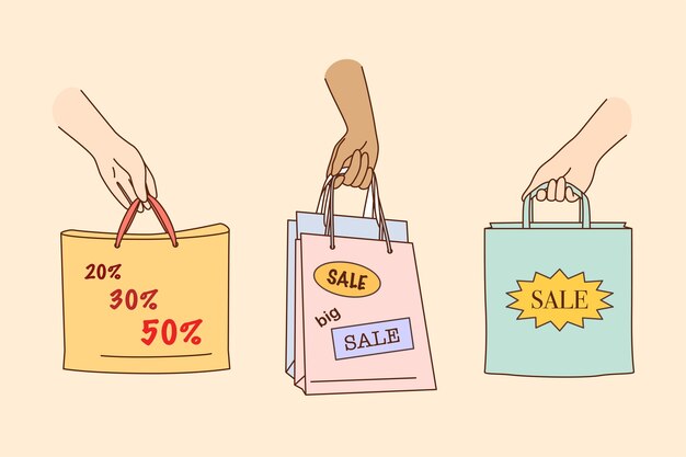 Gran venta, compras, descuento en concepto de tiendas. Manos de personas sosteniendo coloridas bolsas de compras o regalos con porcentajes de venta y descuentos