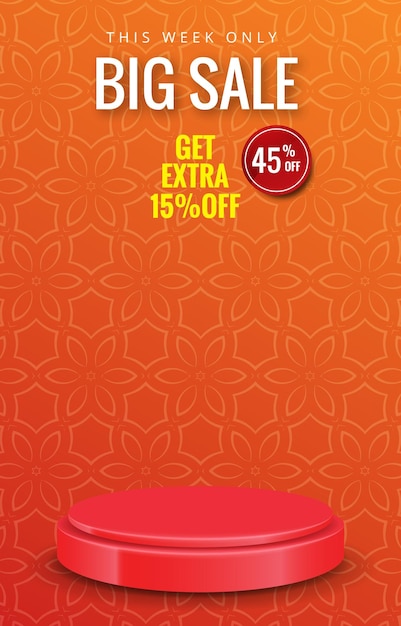 Vector gran venta descuento portátil plantilla banner con podio 3d para la venta de productos medios sociales con diseño de fondo naranja con gradiente abstracto1