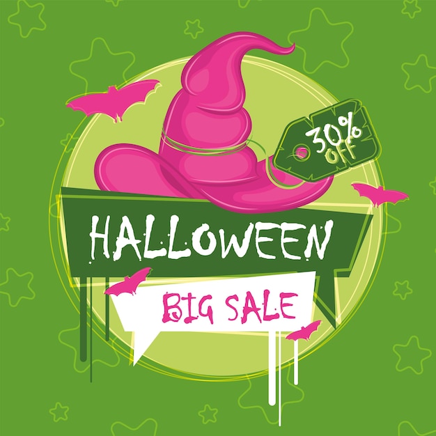 Gran venta de halloween fondo con un sombrero de bruja ilustración vectorial