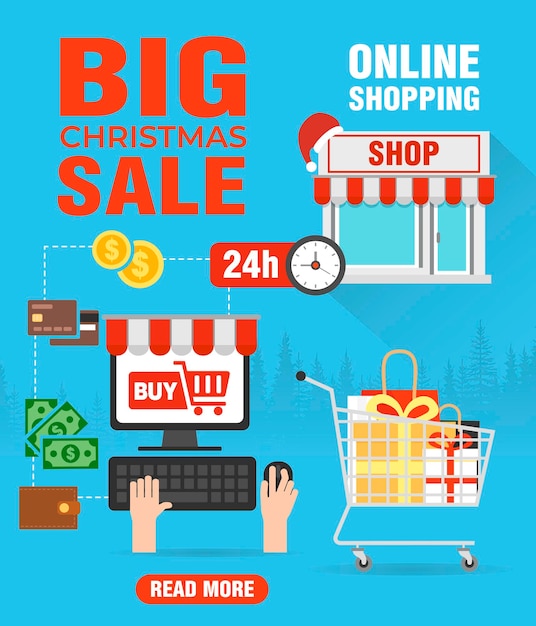 Gran venta de Navidad Concepto de compras en línea Venta de diseño plano con cesta de compras Ilustración vectorial