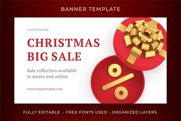 Gran venta de navidad plantilla de banner web premium caja de regalo roja abierta porcentaje 3d icono vector