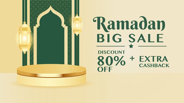 Gran venta de ramadán con podio dorado.