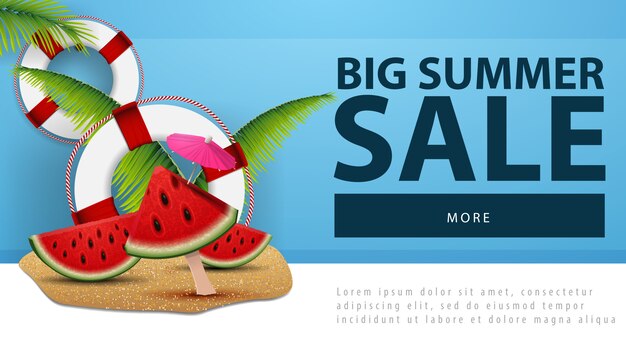 Gran venta de verano, banner web descuento con rodajas de sandía.