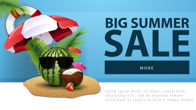 Gran venta de verano, banner web descuento con sandia en copas.