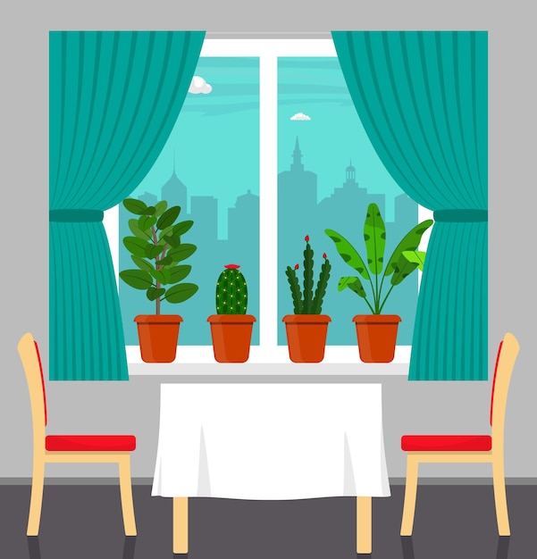 Gran ventana con cortina y plantas en macetas en la mesa de la ventana con mantel blanco