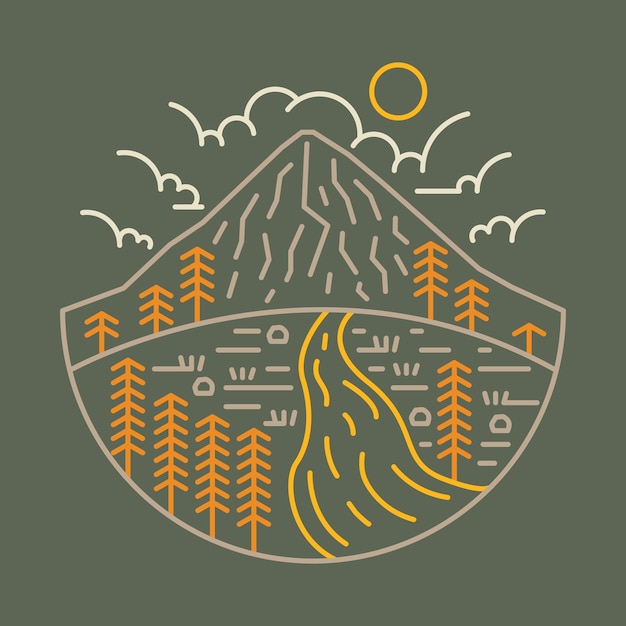 Gran vista de la montaña con el diseño gráfico de la camiseta del arte del vector del ejemplo del río
