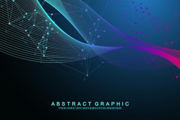 Gran visualización de datos genómicos Hélice de ADN Hebra de ADN Prueba de ADN CRISPR CAS9 Ingeniería genética Molécula o neuronas atómicas Estructura abstracta para ciencia o banner de antecedentes médicos Flujo de onda