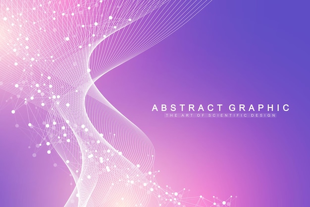 Gran visualización de datos genómicos Hélice de ADN Hebra de ADN Prueba de ADN Molécula o neuronas atómicas Estructura abstracta para ciencia o banner de antecedentes médicos Flujo de onda