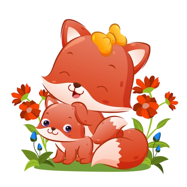 El gran zorro con la hermosa cinta posa con su bebé zorro en el jardín de la ilustración.