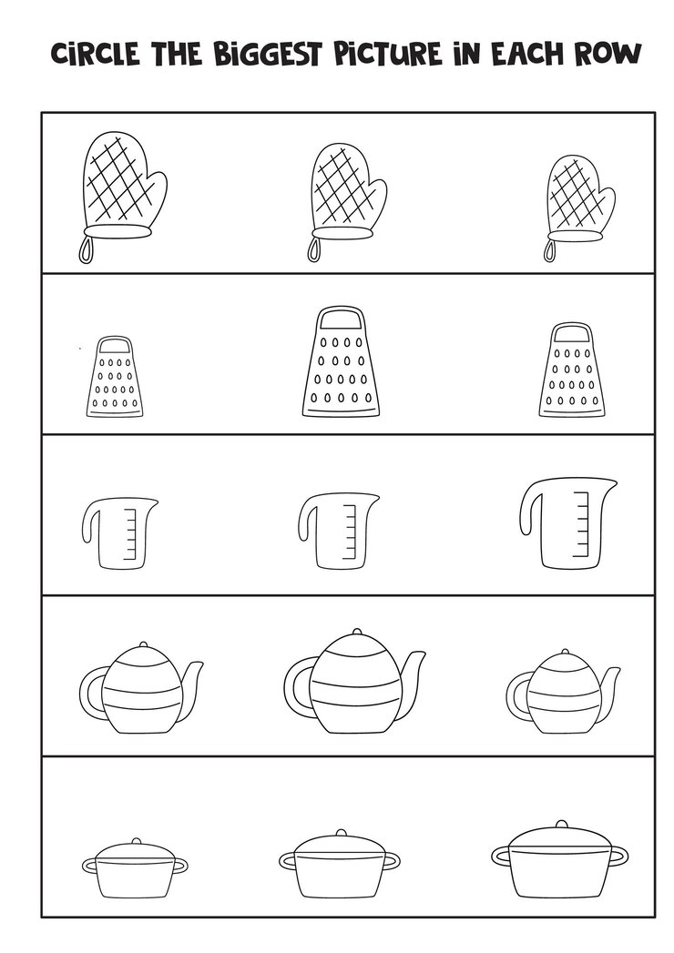 Vector grande o pequeño. encuentra el utensilio de cocina más grande de cada fila. hoja de trabajo en blanco y negro.