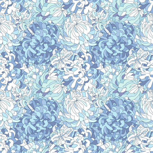 Vector grandes flores florecientes dibujadas en colores azules. hay un patrón sin fisuras de crisantemo