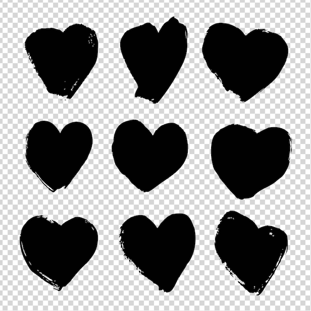 Grandes manchas de textura negra en forma de corazón aisladas en un fondo transparente de imitación