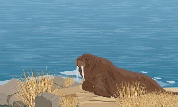 Grandes morsas descansan en las rocas de la costa del océano.