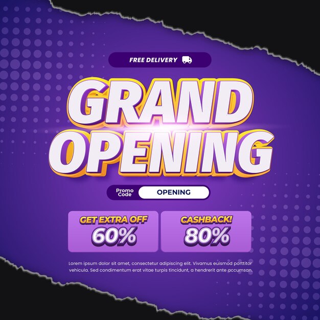 Grandes ofertas de descuento de venta de apertura Gradiente púrpura Papel roto deportivo Banner de texto editable