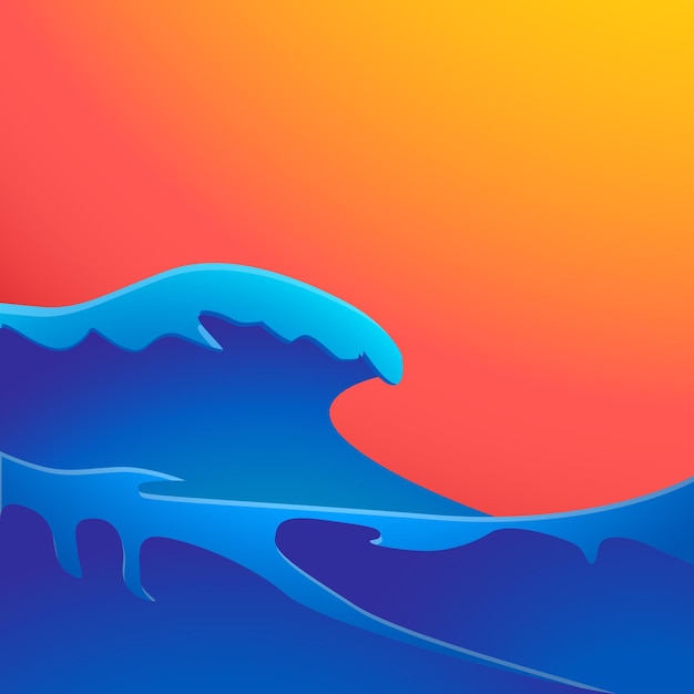 Grandes olas de mar azul abstracto con fondo degradado amarillo rojo