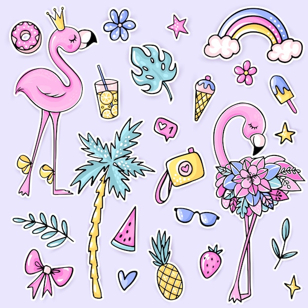 Grandes pegatinas de verano lindas con flamencos, palmeras, helados, sandías, gafas de sol, piña, cámara, limonada, arcoiris.