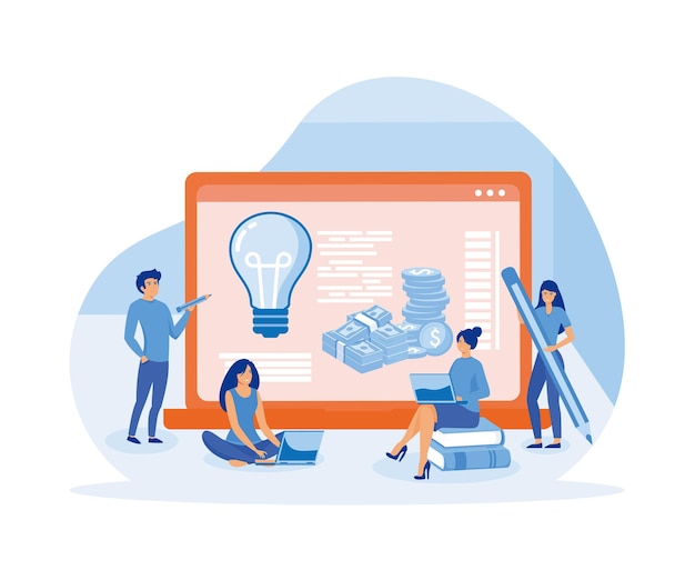Grandes portátiles y pequeños empresarios estudiando alfabetización financiera vector plano ilustración moderna