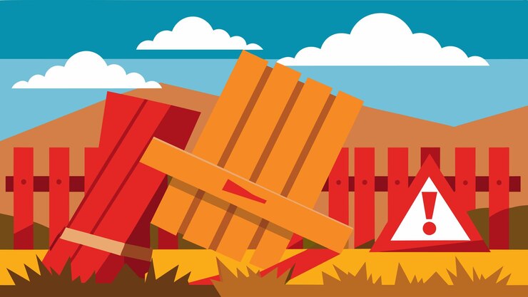 Vector grandes tablas de madera apoyadas contra la valla que muestran regulaciones de seguridad y advertencias en rojo negrita