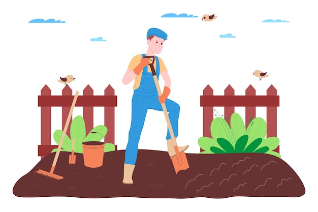Granja, agricultura y agricultura. Un agricultor trabaja en una granja, huerto o huerto: cava el suelo, hace camas, planta plántulas de verduras y frutas y riega las plantas.