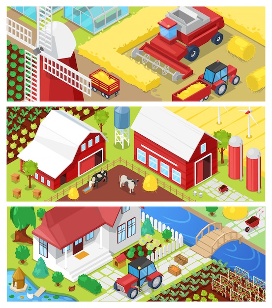 Granja agricultura agricultura en campos y granja ilustración conjunto agrícola de casa rural en tierras de cultivo o paisaje de pradera de corral