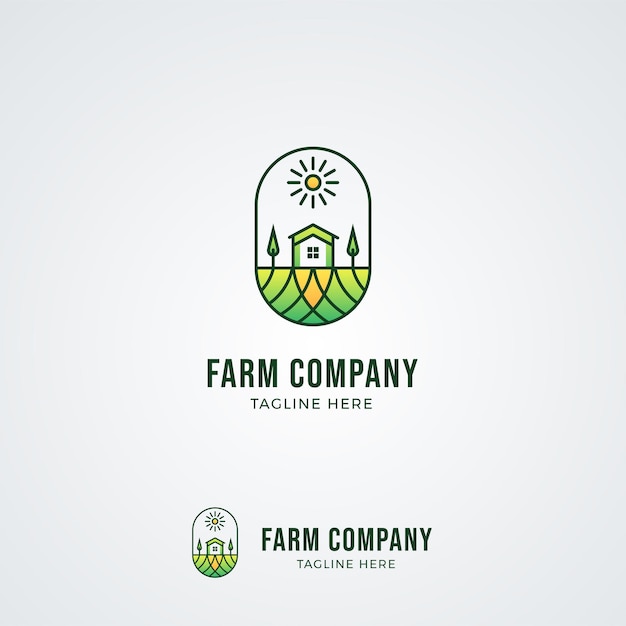 Granja y agricultura vector etiqueta dibujada a mano ovalada, emblema, plantilla de diseño de logotipo. Ilustración aislada de campos, paisaje agrícola, sol. Concepto de agricultura, cosecha, granja natural, productos orgánicos.