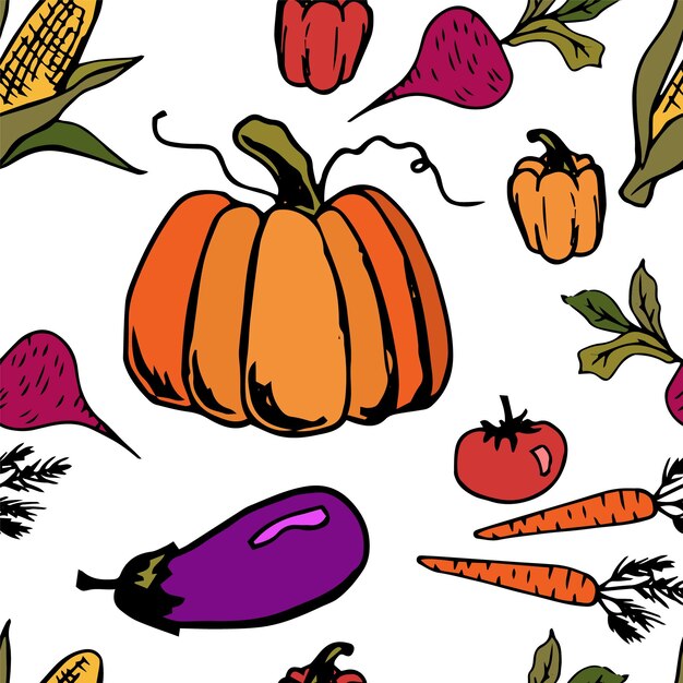 Granja alimentos frescos verduras orgánicas vector patrón transparente Verduras maíz berenjena tomate paprika calabaza zanahoria remolacha