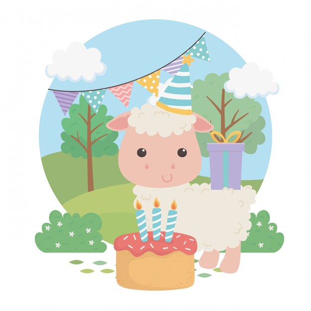 Vector granja de animales lindos ovejas en escena de fiesta de cumpleaños