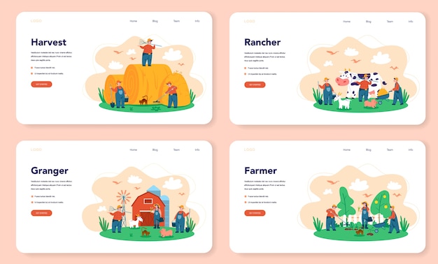 Granja, banner web de granjero o conjunto de página de destino. Agricultores trabajando en el campo, regando plantas y alimentando animales. Vista al campo de verano, agricultura. Viviendo en el pueblo.