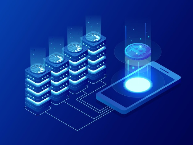 Granja de Bitcoin de minería isométrica. Criptomoneda, blockchain, concepto de minería bitcoin. Procesamiento de datos grandes, ilustración de vector de rack de sala de servidores.