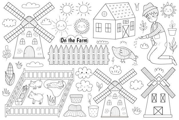Granja en blanco y negro con lindos animales y niños granjeros. Dibujo para colorear