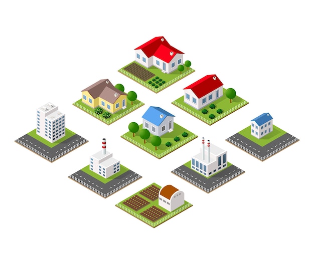 Granja conjunto de casas en estilo isométrico.