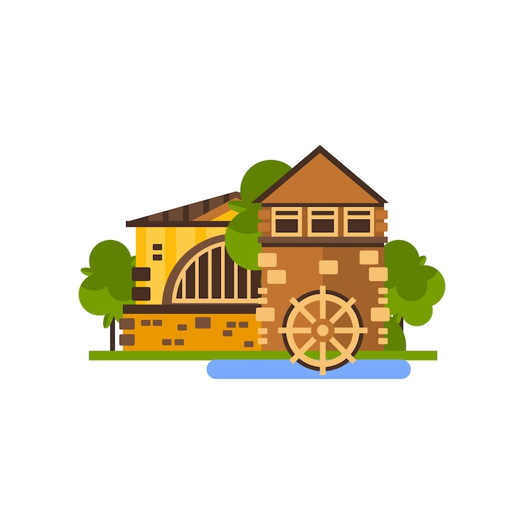 Vector granja edificio molino de agua campo construcción vector ilustraciones sobre un fondo blanco