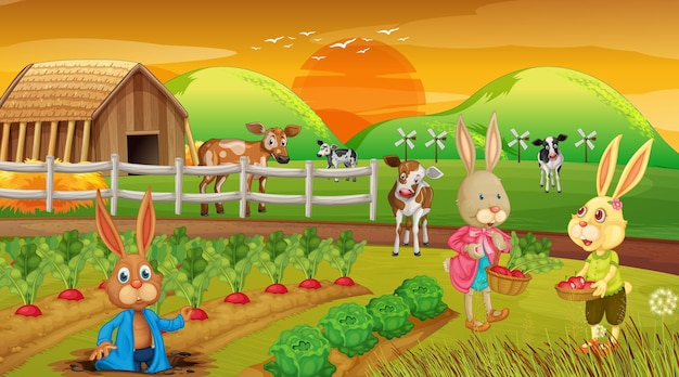Vector granja en la escena del atardecer con familia de conejos y animales de granja