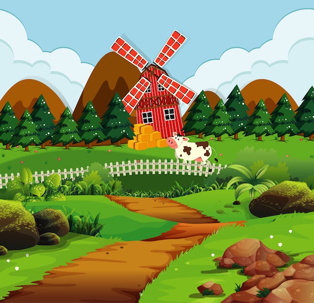 Vector granja en escena de la naturaleza con molino de viento y vaca.