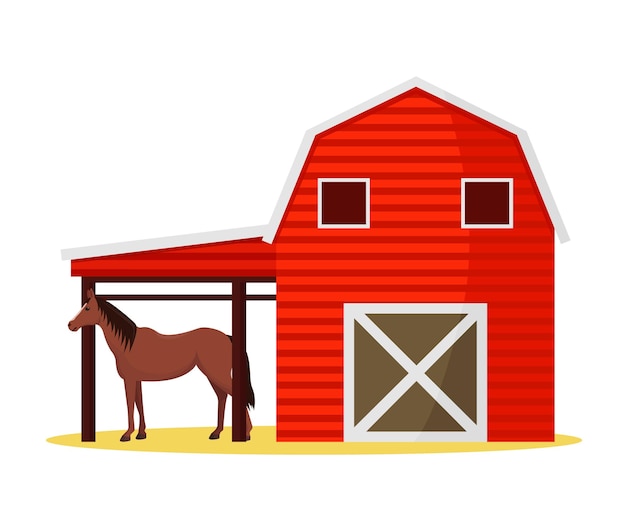 Granja con establo de caballos Ilustración vectorial en fondo blanco