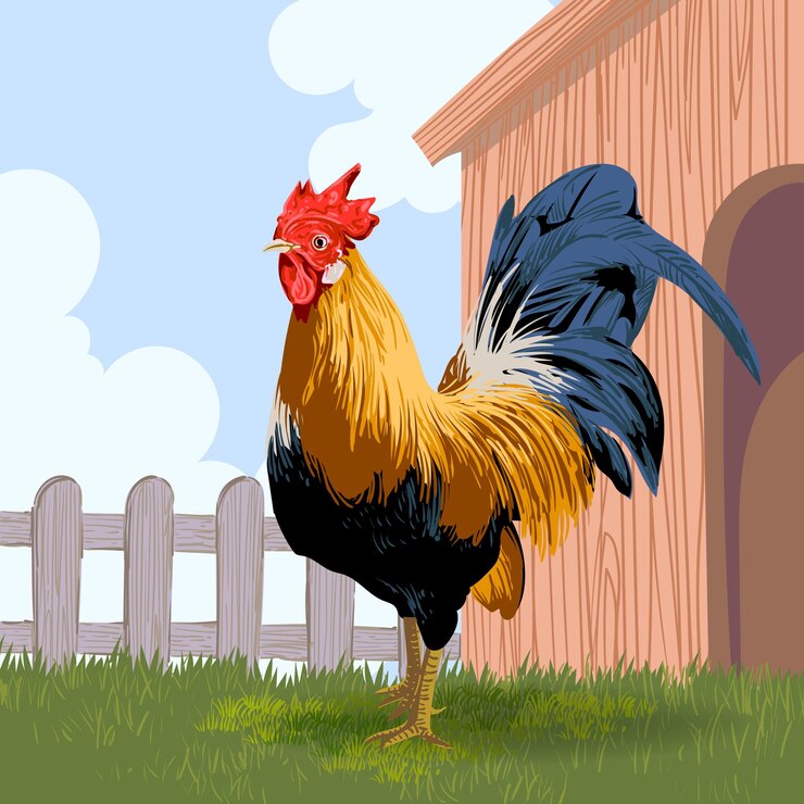 Vector granja y gallo gallina en el paisaje vista de fondo ilustración vectorial agricultura cosecha