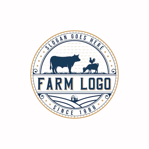 Granja de ganado o granja de vacas ilustración vectorial diseño de logotipo vintage retro